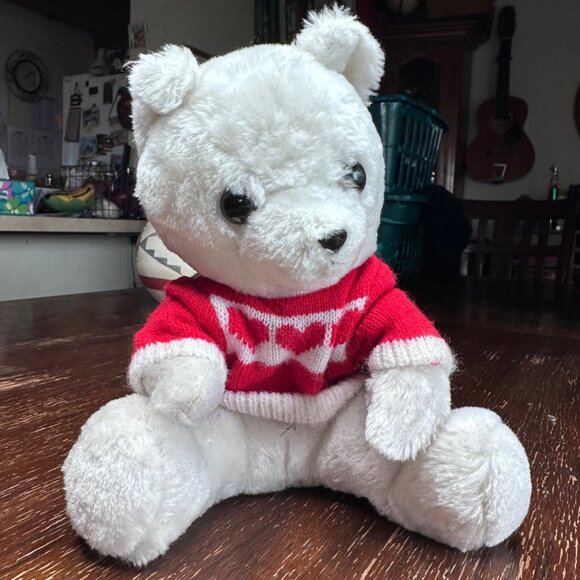 Vintage 1977 R. Dakin & Co White Teddy Bear With Red Heart Sweater - Picture 2 of 8